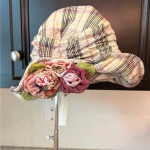Grevi Plaid Cotton Cloche Hat with Pink and Green Floral Rosettes